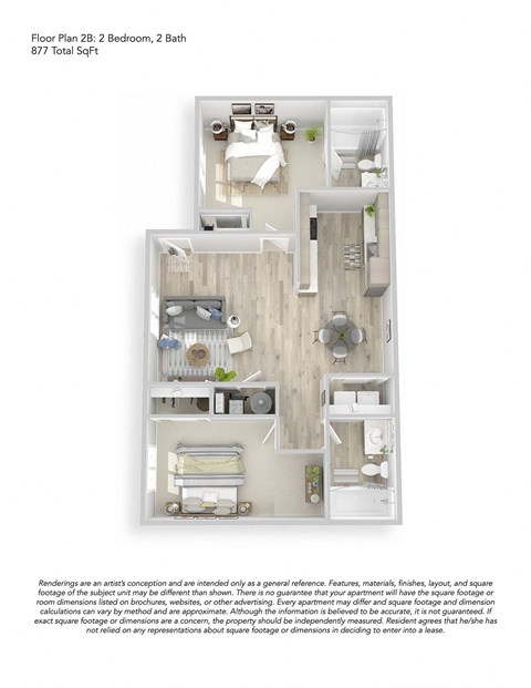 Floor plan for 2 beds, 1 bath, 877 sqft